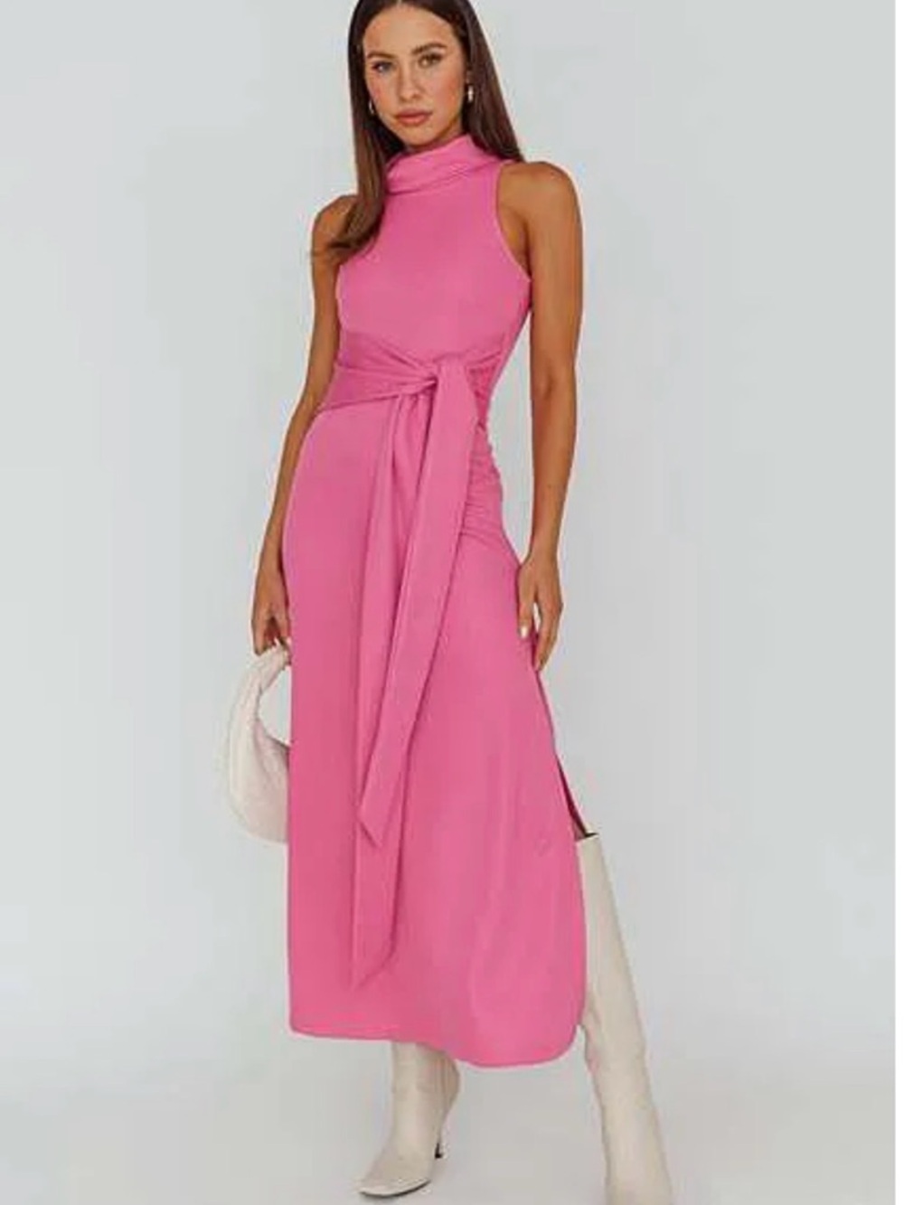 Selfie Leslie Sleeveless High-Neck Pink Tie-Waist Midi Dress